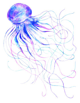 Watercolor jellyfish in modern bright neon colors isolated on white background underwater vivid illustration in large size Design element in magic style, purple blue violet glow pink fluid colorful