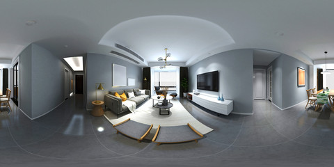 360 degrees living and dining room, 3d rendering