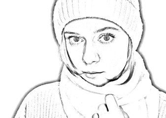 Girl with big sad eyes..Stylized black and white portrait of a girl in a hat and scarf.