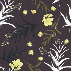 Trendy blossom floral seamless pattern. Blooming botanical motifs scattered random. Сolorful vector texture. Fashion, ditsy print, fabric. Hand drawn different wild meadow flowers on purple background