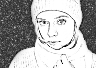 Black and white portrait of a girl with big eyes on a background of snowfall.