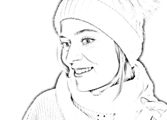 Stylized black and white portrait of a smiling girl..Nice girl in a winter hat and scarf.