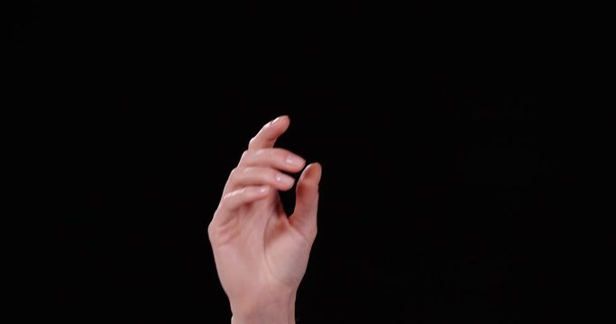 Woman showing D letter on black background, closeup. Sign language