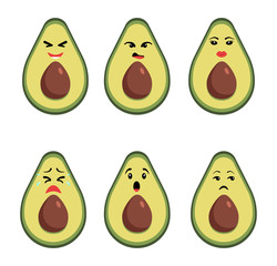 Emoticon set of halves of avocado. Isolated vector illustration.