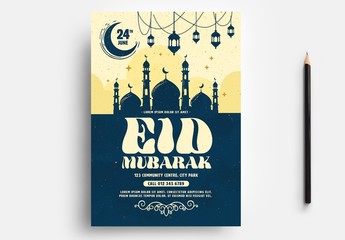 Eid Mubarak Flyer Layout with Mosque Illustration