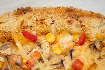 A healthy and delicious vegetable pizza made with cheddar and mozzarella cheeses