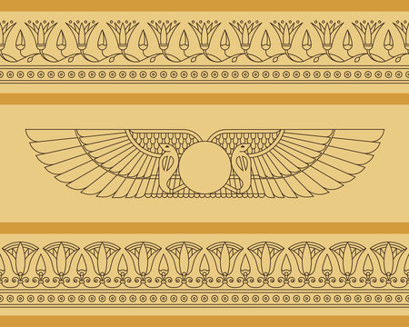 Vector seamless horizontal pattern of winged disk in egyptian style with lotus flowers