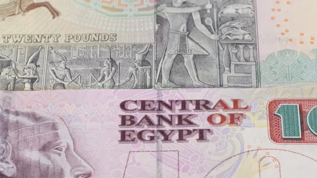 Egypt pound notes collection tracking. Egyptian currency background. Slider shot. Low angle, macro. 4K