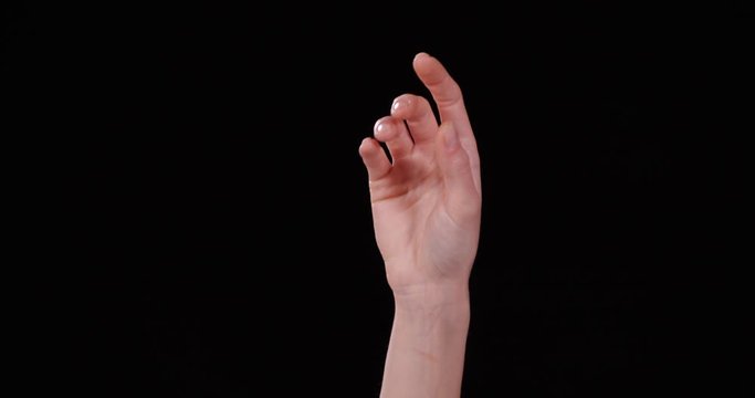 Woman showing Q letter on black background, closeup. Sign language