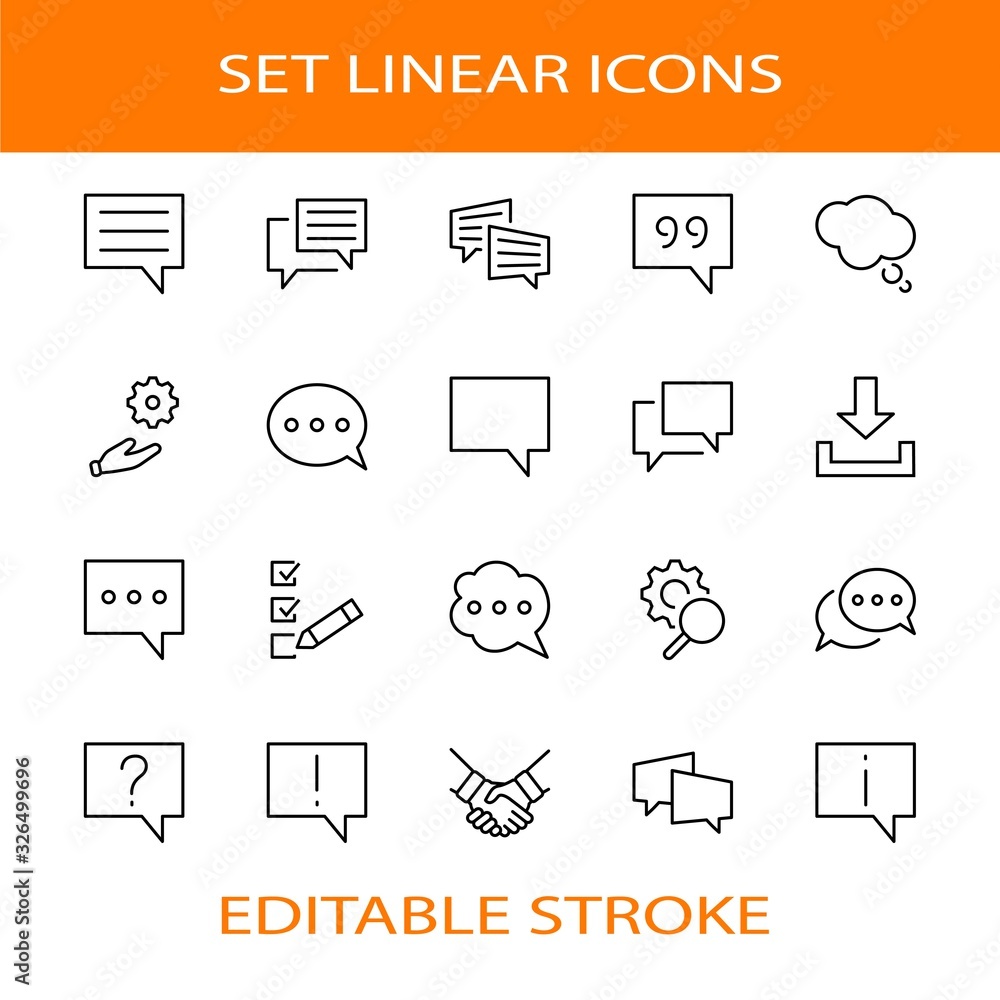 Poster set of speech bubble chat vector lines of icons. editable stroke. 32x32 pixels.