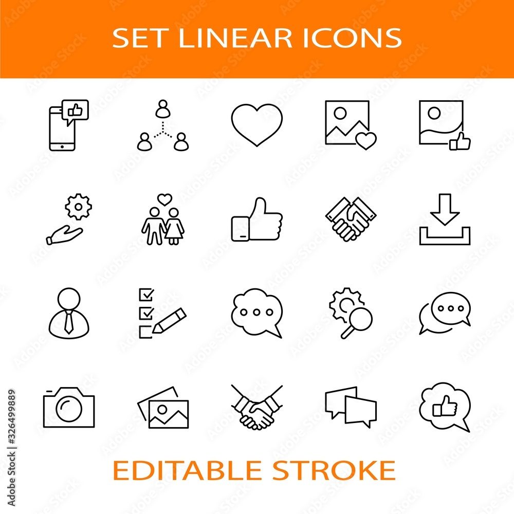 Poster set of social networks related vector line icons. contains such icons as profile page, rating, socia