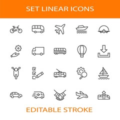 Set of Public Transport Related Vector Line Icons. Contains such Icons as Bus, Bike, Scooter, Car, balloon, Truck, Tram, Trolley, Sailboat, powerboat, Airplane and more. Editable Stroke. 32x32 Pixel