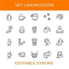 Set of Coffee and Tea Vector Line Icons. Contains such Icons as Cup of Tea, Teabags, Coffee beans and Green Tea Leaves, a pitcher of Water, Sugar Cubes and more. Editable Stroke. 32x32 Pixels