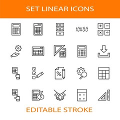 Fototapeta premium Set of Calculation Vector Line Icons. Contains such Icons as Calculator Icon, Pencil, Click, Money Bag, Percent symbol, Square and Ruler. Editable Stroke. 32x32 Pixels