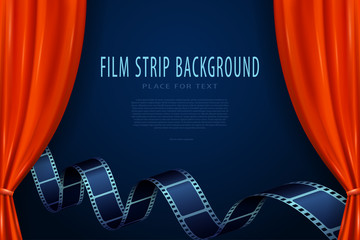 Cinema movie background with film strip and red curtains on theater stage closeup. Open curtains as template movie presentation, advertising or cinema award announcement with space for text. Vector