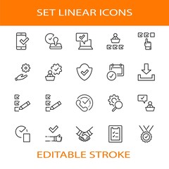 Set Approve Vector Line Icons. Contains such Icons as Quality Check, Protection Guarantee, Accepted Document and more. Editable Stroke. 32x32 Pixels