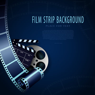 Film reel, clapper and film strips isolated on blue background. Cinema background with place for your text. 3d movie art template for cinema festival, ticket, advertising, brochure. 3D Festive design