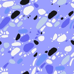 Terrazzo seamless pattern with beach seashells and marine rubble. Summer theme vector illustration with different minimalistic abstract shapes for print design, texture and fabric background.