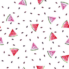Watercolor seamless pattern with pieces of red and pink watermelons and with watermelon seeds.