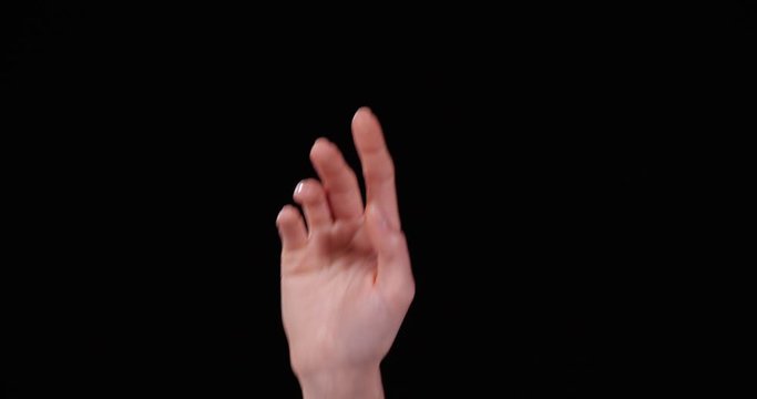 Woman showing V letter on black background, closeup. Sign language
