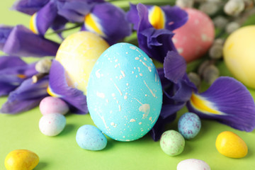 Iris flowers, pussy willow branches and Easter eggs on green background, close up