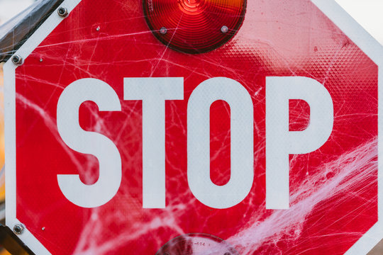 School bus with stop sign decorated with cobwebs