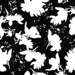 Trendy black and white vector texture. Monochrome floral seamless pattern. Fashion, ditsy print, fabric, wallpaper or your design. Hand drawn flowers and leaves scattered random on black backgroud