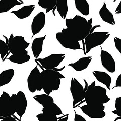 Monochrome floral seamless pattern. Trendy black and white vector texture. Fashion, ditsy print, fabric, wallpaper or your design. Hand drawn flowers and leaves scattered random on white backgroud