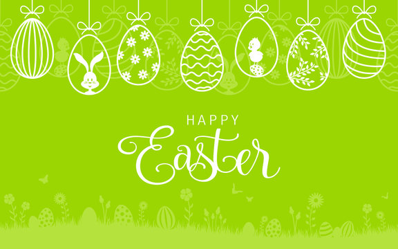 Happy easter card with easter bunny and hanging easter eggs background