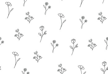 Seamless pattern with hand drawn flowers isolated on white background. Vector floral ornament, good for print, apparel, textile, fabric and wallpaper