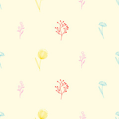 Scribbled flower seamless pattern. Vector colorful floral ornament in vintage style, good for fabric, textile and wallpaper
