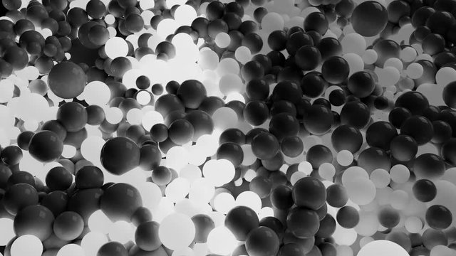 4k 3D seamless loop animation of beautiful gray and white small and large spheres or balls cover plane as abstract geometric background. Some spheres glow. 12