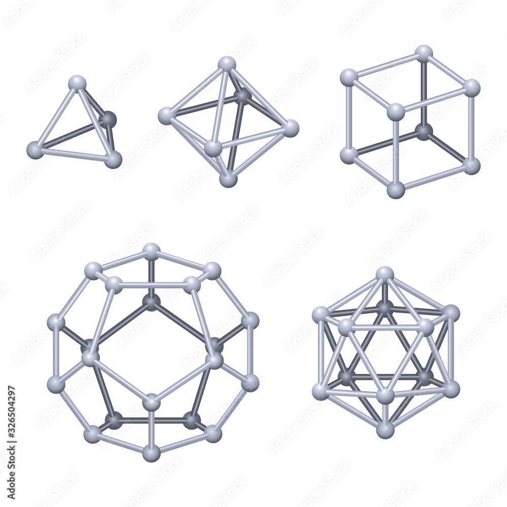 Fototapete gray colored platonic solids 3d. regular convex polyhedrons in three-dimensional space with the same