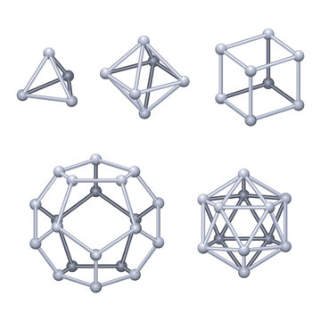 Gray colored Platonic solids 3D. Regular convex polyhedrons in three-dimensional space with the same number of identical faces meeting at each vertex. Isolated illustration on white background. Vector