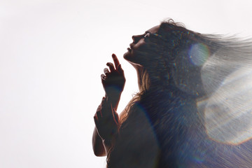 Double exposure of women face and galaxy. Abstract woman portrait on the white background. Free...