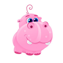 funny hippo vector icon, cartoon flat icon for baby illustration, mascot, african animal, pink hippo cub hippopotamus, hippo, sea cow, river-horse