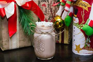 milkshake with marshmallows and gifts