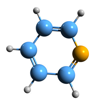 3D image of pyridine skeletal formula - molecular chemical structure of azabenzene isolated on white background