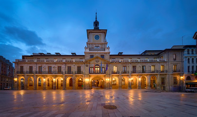 Oviedo, Spain. Historic building of Town Hall at dusk