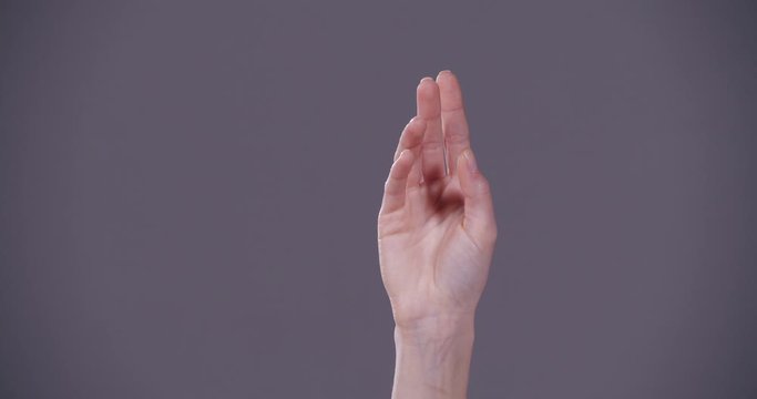 Woman showing H letter on grey background, closeup. Sign language