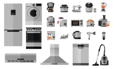 Set of 22 flat icons of household items for commercial use, online store. Refrigerator, electric stove, dishwasher, coffee maker, blender, mixer and so on