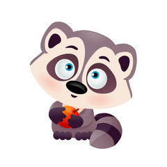 vector icon of a funny raccoon with an apple in its paws, cartoon flat icon for a child's illustration, mascot, african animal, cub, big eyes, fluffy tail eps 10, raccoon, coon