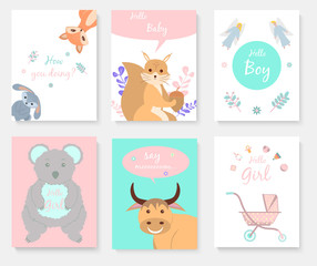 Set of invitations to baby shower, greeting card, koala, fox, hare, squirrel, cow, angel and pram. Vector illustration