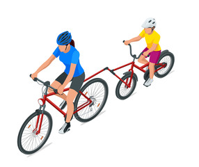 Fototapeta premium Trailer cycle or Bicycle attachment. Co-pilot bicycle mother and young son bicycling together on a tandem bike in the summer. Front view