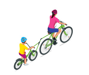 Trailer cycle or Bicycle attachment. Co-pilot bicycle mother and young son bicycling together on a tandem bike in the summer. Rear view