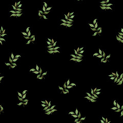 Watercolor leaf pattern. Seamless pattern with hand drawn watercolor leaves isolated on black background. Floral minimalistic pattern. Botanical watercolor illustration. 