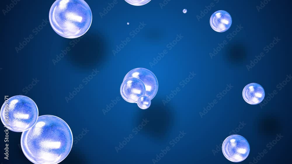 Poster amasing abstract background of metaballs as if drops of glass or spheres filled with blue sparkles m