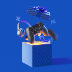 Open realistic gift box. Themed gift for the gamer. Flying joystick, computer mouse and headphones. Gift set concept for men. 3d rendering © katestudio