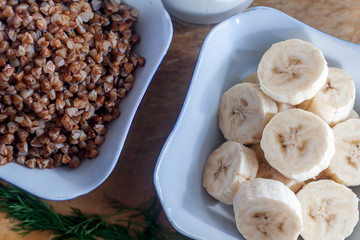 Fototapeta premium healthy food. Buckwheat meal and banana