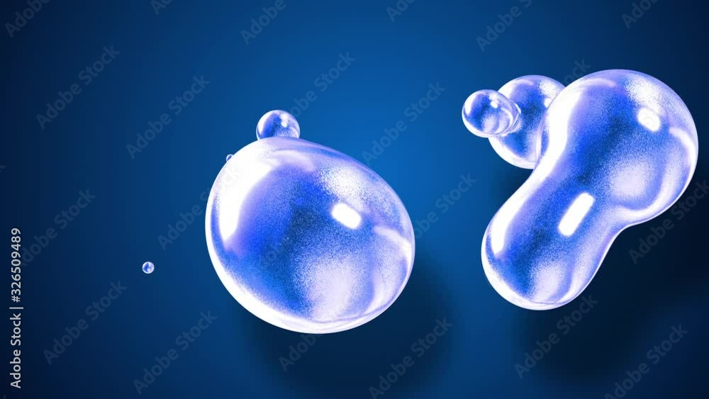 Poster amasing abstract background of metaballs as if glass drops or spheres filled with blue sparkles merg